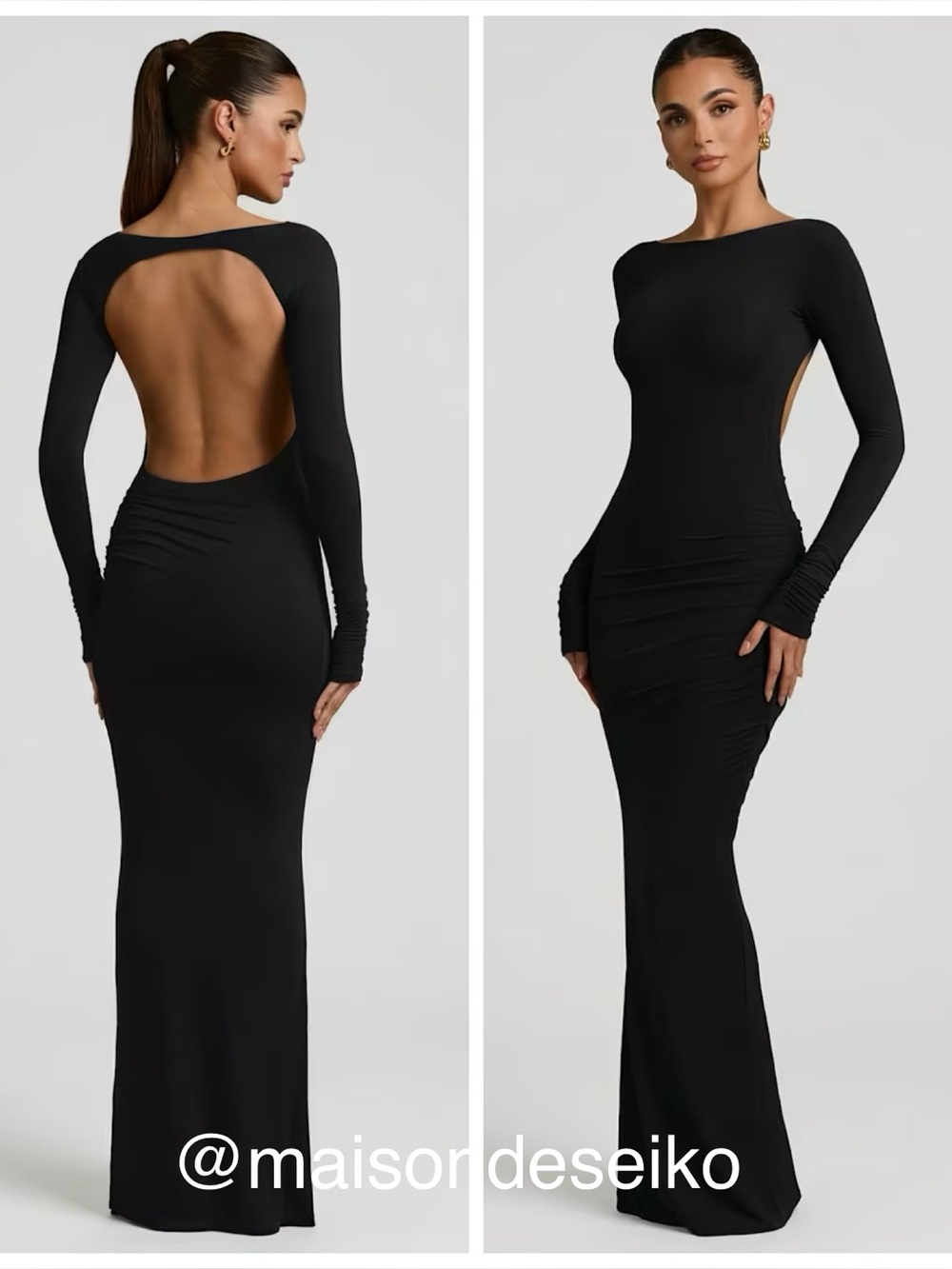 NWT Oh Polly Maxi Dress Black Regina Open Back Long Sleeve Draped size XS